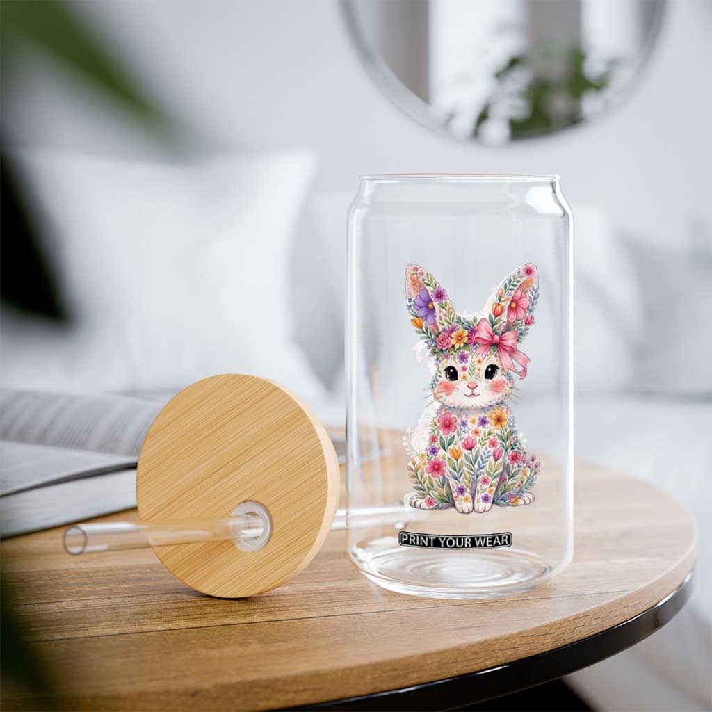 Cute Floral Easter Bunny Graphic Glass Can Adorable Spring Rabbit with Flowers Pastel Aesthetic Gift TS02 Print Your Wear