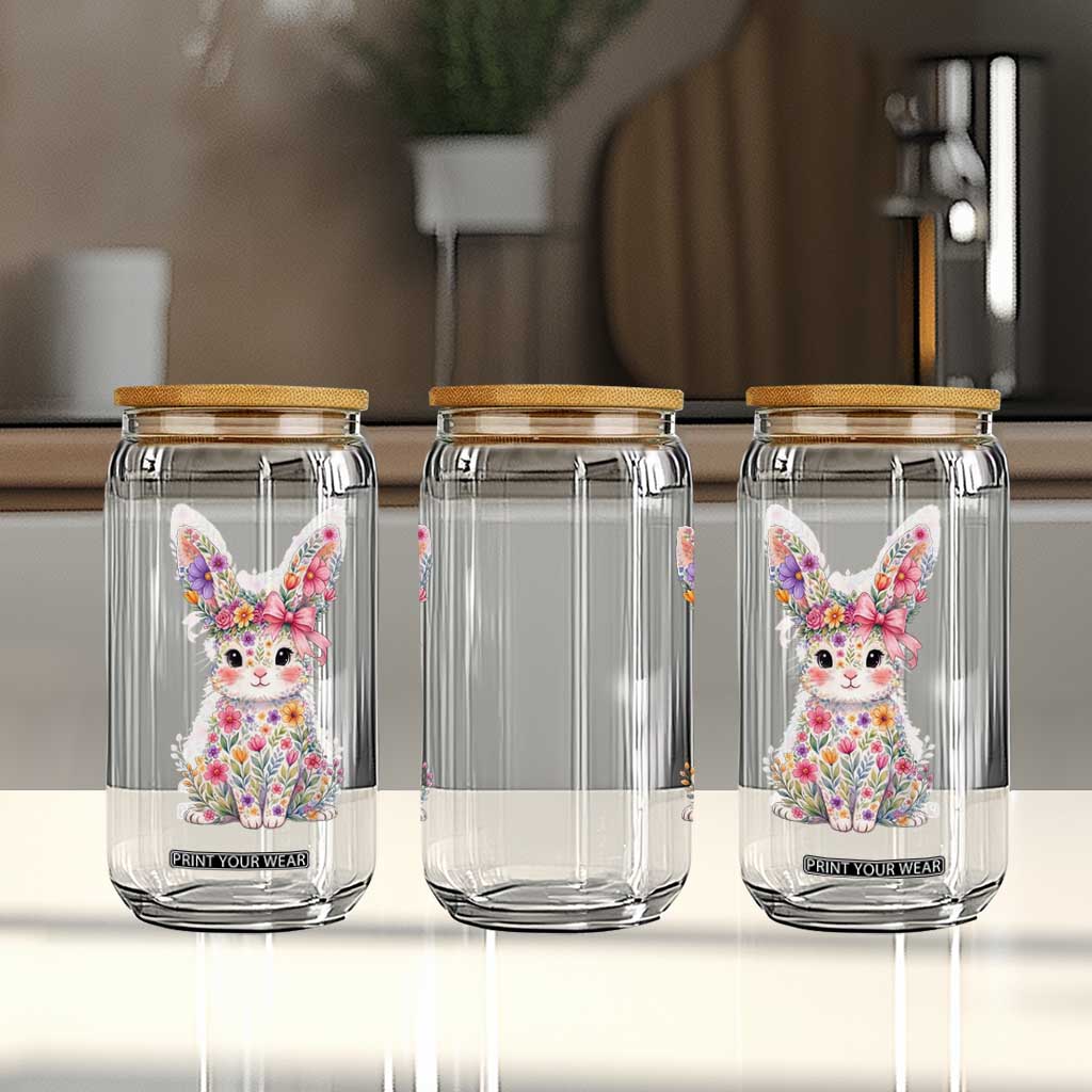 Cute Floral Easter Bunny Graphic Glass Can Adorable Spring Rabbit with Flowers Pastel Aesthetic Gift TS02 Print Your Wear