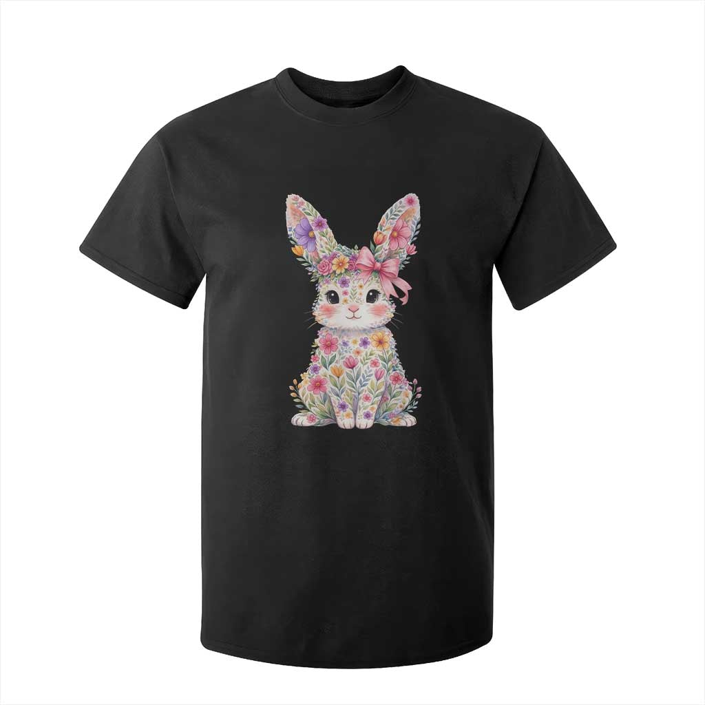 Cute Floral Easter Bunny Graphic T Shirt For Kid Adorable Spring Rabbit with Flowers Pastel Aesthetic Gift TS02 Black Print Your Wear