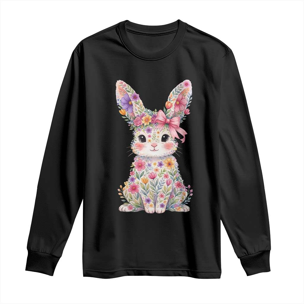 Cute Floral Easter Bunny Graphic Long Sleeve Shirt Adorable Spring Rabbit with Flowers Pastel Aesthetic Gift TS02 Black Print Your Wear