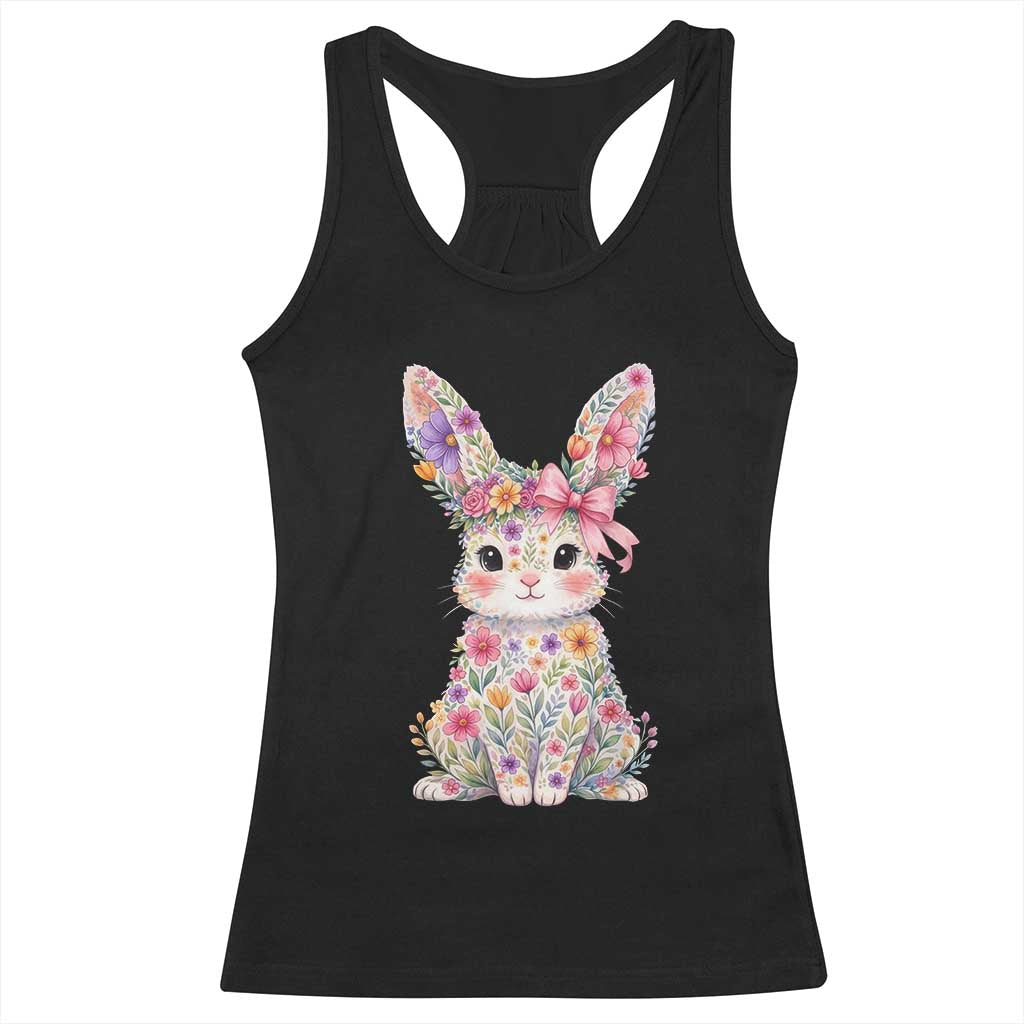 Cute Floral Easter Bunny Graphic Racerback Tank Top Adorable Spring Rabbit with Flowers Pastel Aesthetic Gift TS02 Black Print Your Wear
