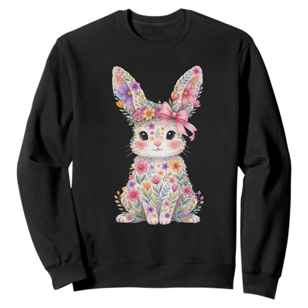 Cute Floral Easter Bunny Graphic Sweatshirt Adorable Spring Rabbit with Flowers Pastel Aesthetic Gift TS02 Black Print Your Wear