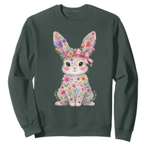 Cute Floral Easter Bunny Graphic Sweatshirt Adorable Spring Rabbit with Flowers Pastel Aesthetic Gift TS02 Dark Forest Green Print Your Wear