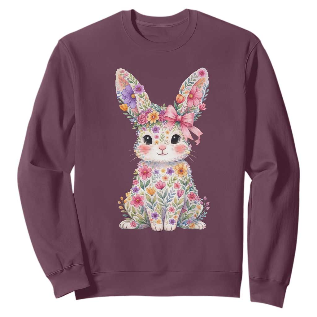 Cute Floral Easter Bunny Graphic Sweatshirt Adorable Spring Rabbit with Flowers Pastel Aesthetic Gift TS02 Maroon Print Your Wear