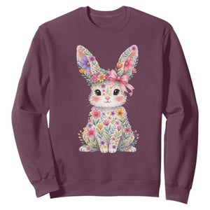 Cute Floral Easter Bunny Graphic Sweatshirt Adorable Spring Rabbit with Flowers Pastel Aesthetic Gift TS02 Maroon Print Your Wear