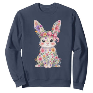 Cute Floral Easter Bunny Graphic Sweatshirt Adorable Spring Rabbit with Flowers Pastel Aesthetic Gift TS02 Navy Print Your Wear