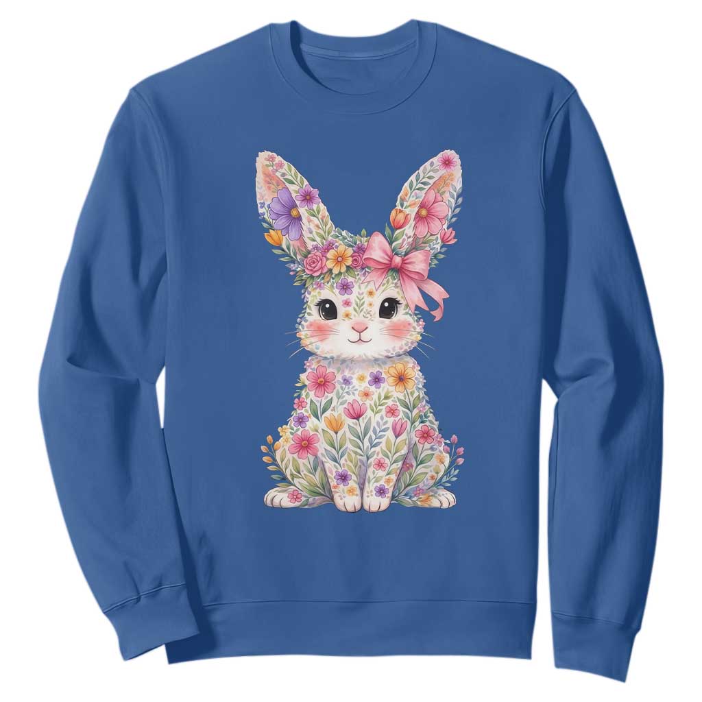 Cute Floral Easter Bunny Graphic Sweatshirt Adorable Spring Rabbit with Flowers Pastel Aesthetic Gift TS02 Royal Blue Print Your Wear