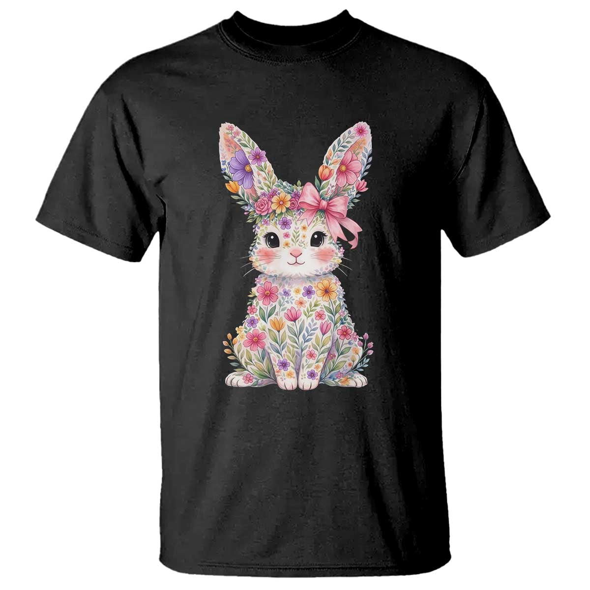 Cute Floral Easter Bunny Graphic T Shirt Adorable Spring Rabbit with Flowers Pastel Aesthetic Gift TS02 Black Print Your Wear