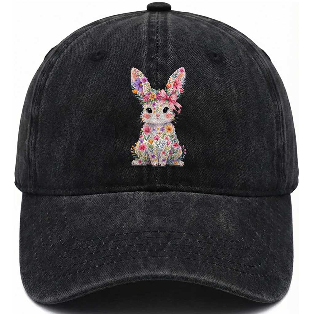 Cute Floral Easter Bunny Graphic Washed Cotton Baseball Cap Adorable Spring Rabbit with Flowers Pastel Aesthetic Gift TS02 Print Your Wear