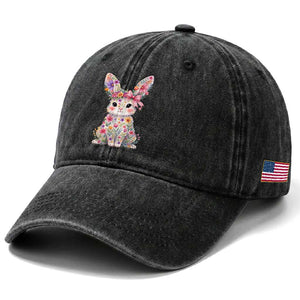 Cute Floral Easter Bunny Graphic Washed Cotton Baseball Cap Adorable Spring Rabbit with Flowers Pastel Aesthetic Gift TS02 Print Your Wear