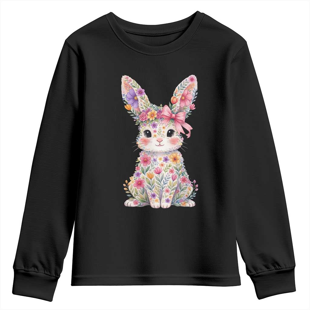Cute Floral Easter Bunny Graphic Youth Sweatshirt Adorable Spring Rabbit with Flowers Pastel Aesthetic Gift TS02 Black Print Your Wear