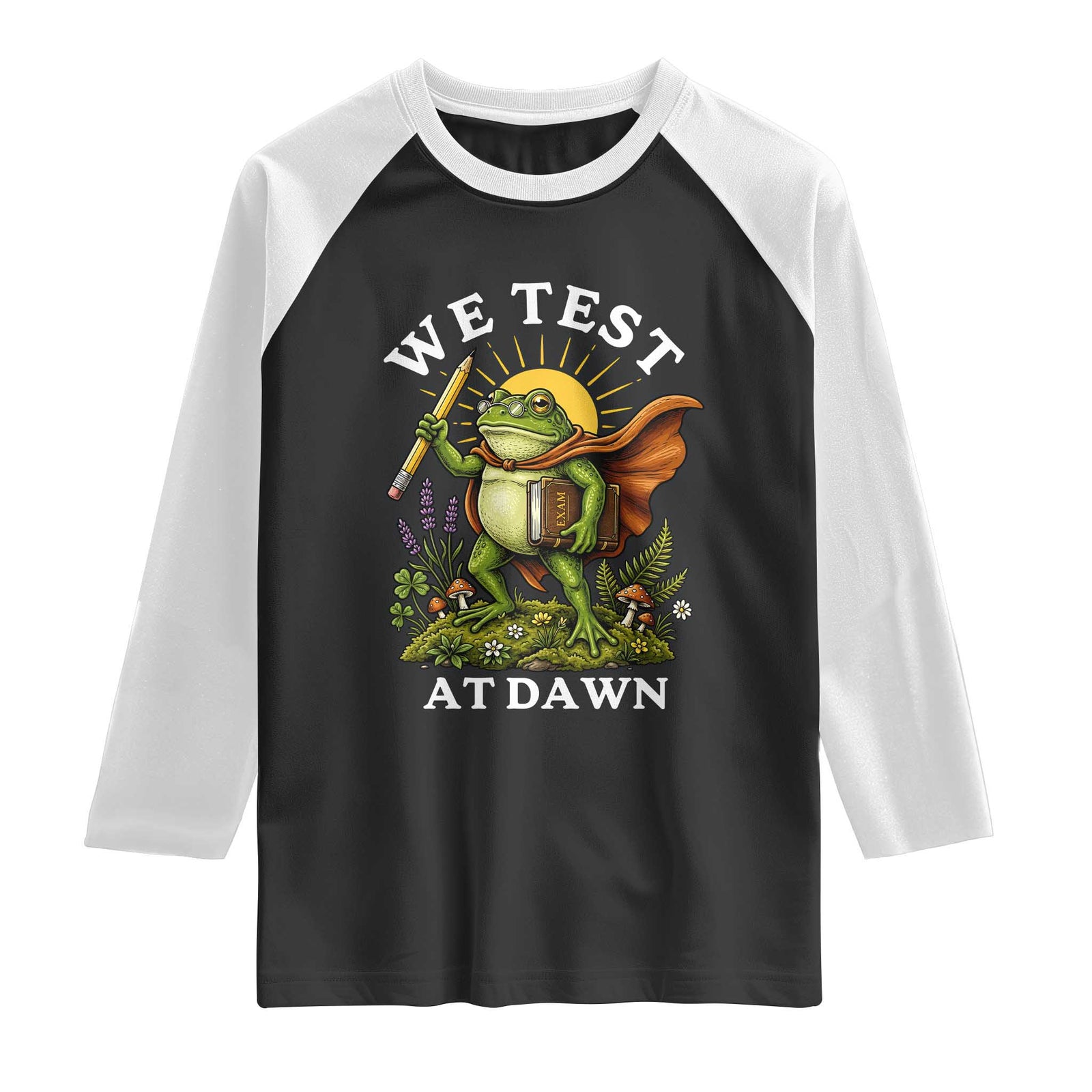We Test At Dawn Heroic Frog Cottagecore Raglan Shirt Vintage Teacher Student Motivational Testing Day TS02 Black White Print Your Wear
