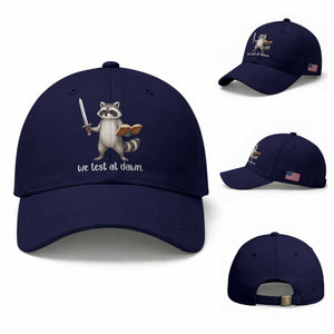 We Test At Dawn Raccoon Warrior Baseball Cap Funny Student Teacher Exam Motivation TS02 Baseball Cap Universal Fit Dark Blue Print Your Wear