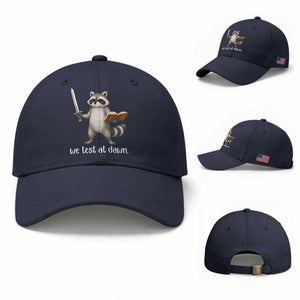 We Test At Dawn Raccoon Warrior Baseball Cap Funny Student Teacher Exam Motivation TS02 Baseball Cap Universal Fit Navy Print Your Wear