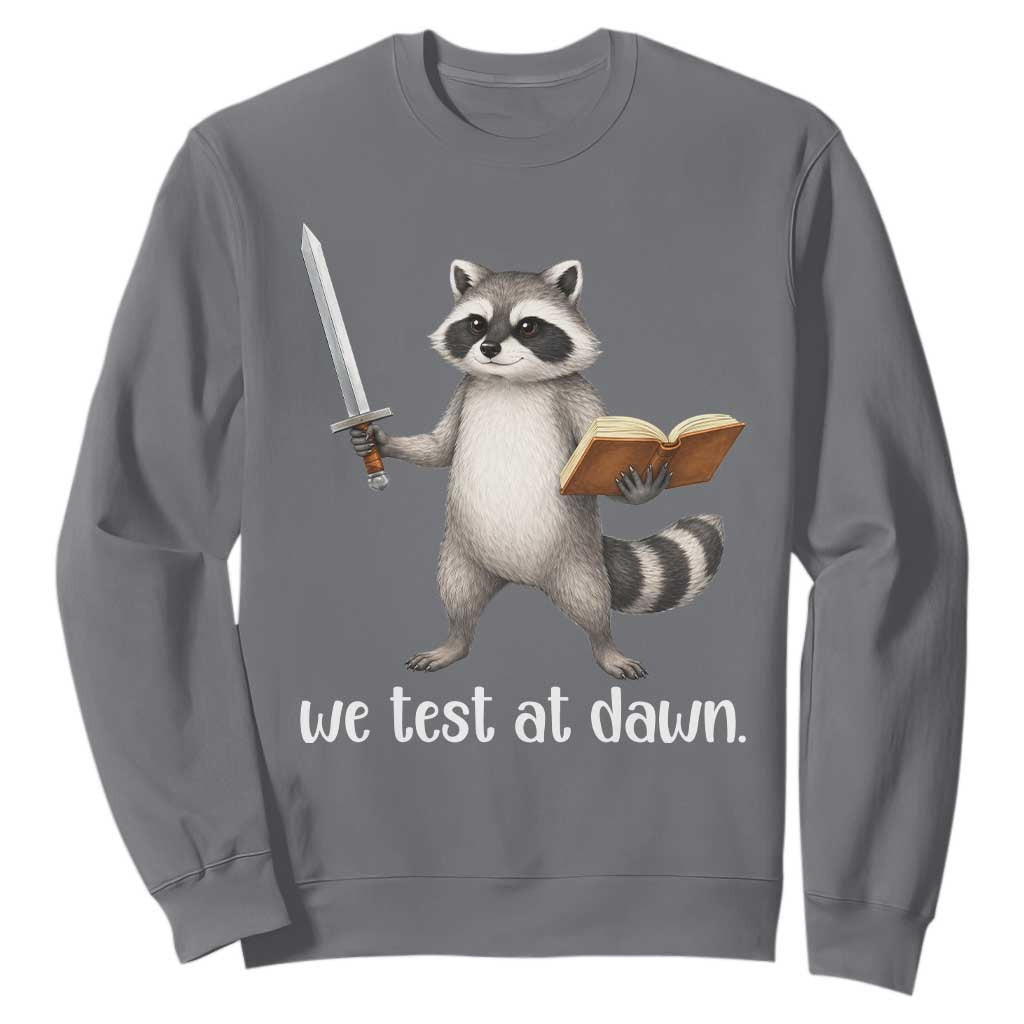 We Test At Dawn Raccoon Warrior Sweatshirt Funny Student Teacher Exam Motivation TS02 Charcoal Print Your Wear