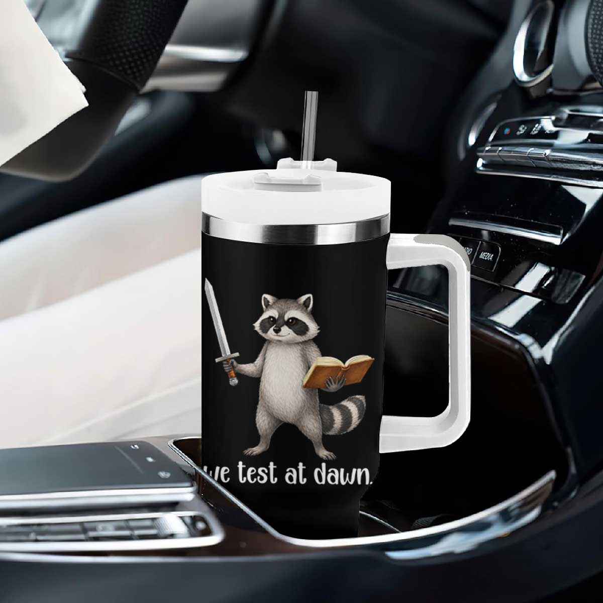 We Test At Dawn Raccoon Warrior Tumbler With Handle Funny Student Teacher Exam Motivation TS02 Print Your Wear