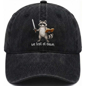 We Test At Dawn Raccoon Warrior Washed Cotton Baseball Cap Funny Student Teacher Exam Motivation TS02 Print Your Wear
