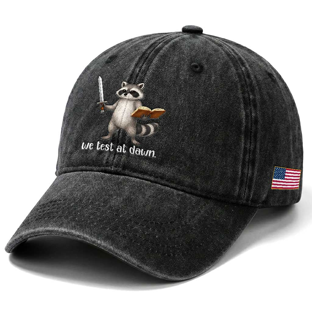 We Test At Dawn Raccoon Warrior Washed Cotton Baseball Cap Funny Student Teacher Exam Motivation TS02 Print Your Wear