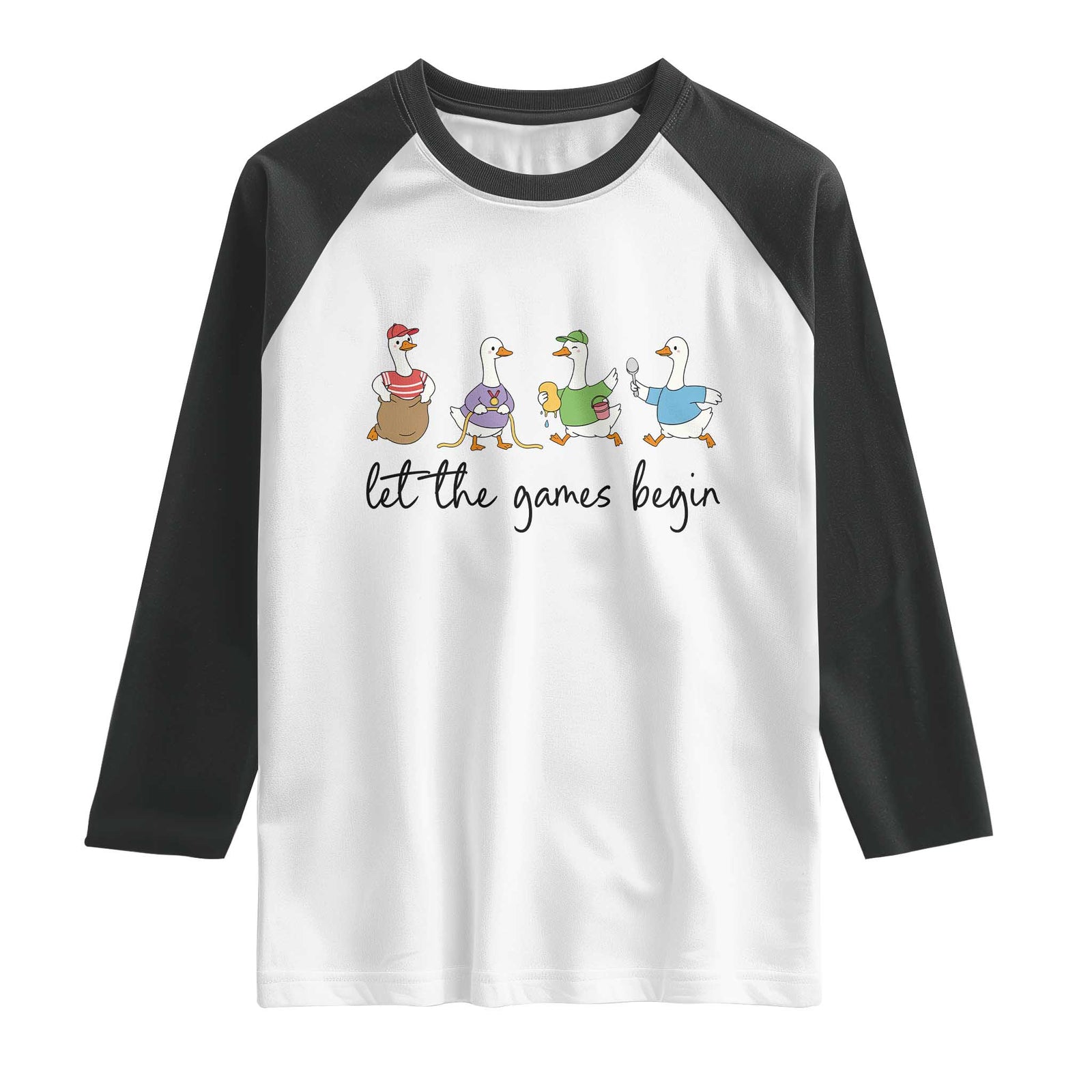 Let the Games Begin Cute Geese Raglan Shirt Field Day Whimsical School Sports TS02 White Black Print Your Wear