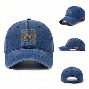 Retro Sabres Name Script Style Washed Cotton Baseball Cap Vintage Distressed Sports Spirit Fan Pride TS02 Washed Cap Universal Fit Royal Blue Print Your Wear