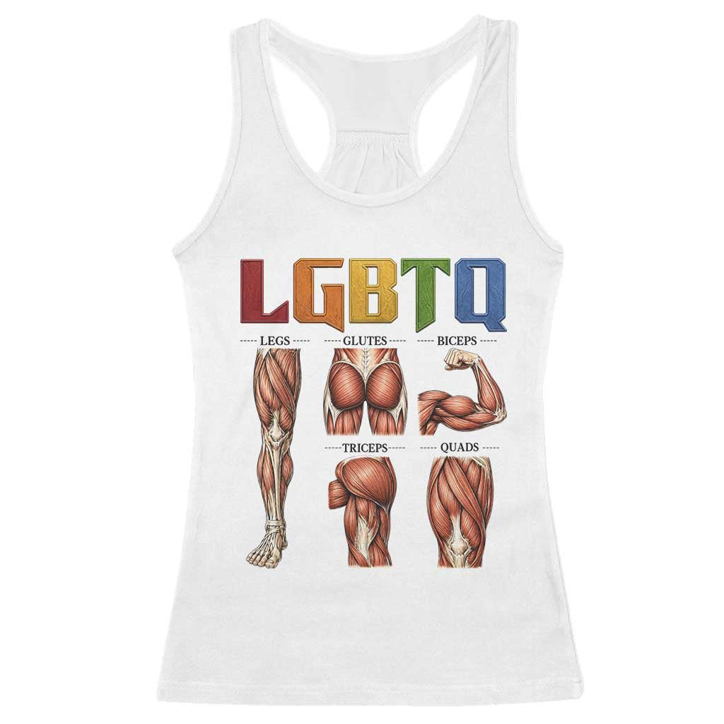 LGBTQ Acronym Funny Fitness Gym Rainbow Muscle Graphic Racerback Tank Top Legs Glutes Biceps Triceps Quads TS02 White Print Your Wear
