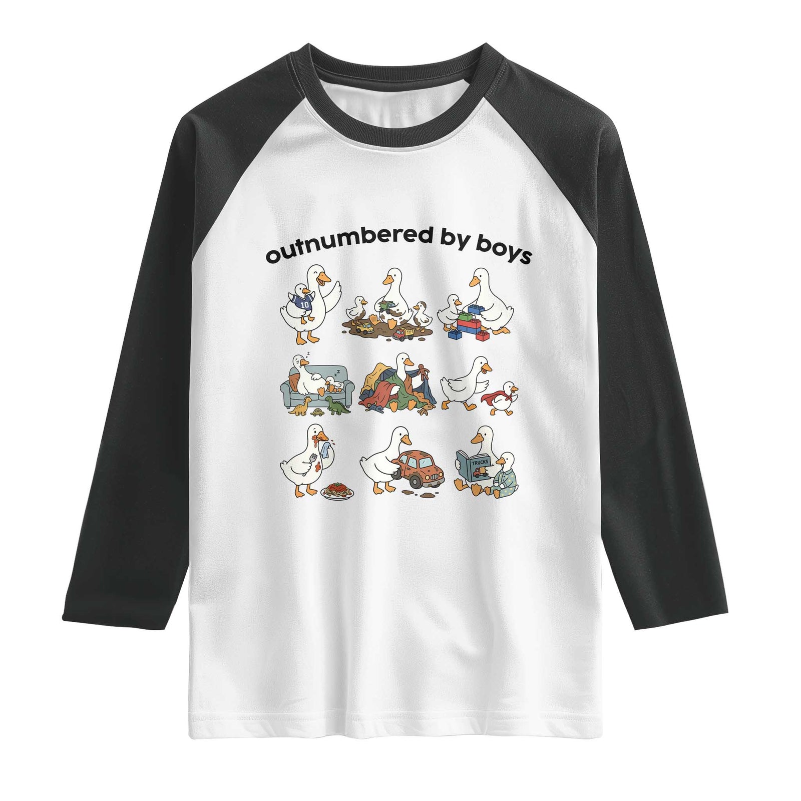 Outnumbered By Boys Funny Goose Mom Life Raglan Shirt Chaos Coordinator Motherhood Mothers Day Gag Gift TS02 White Black Print Your Wear
