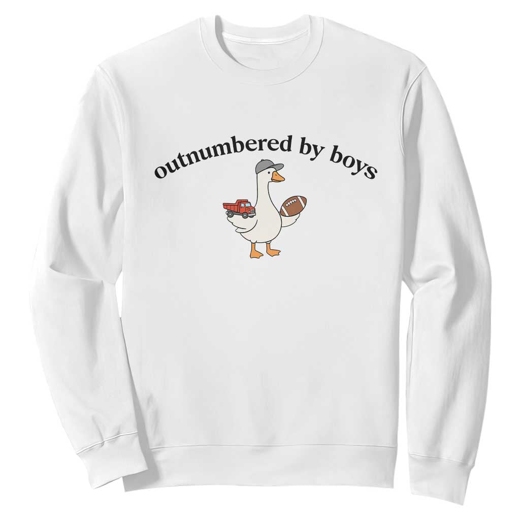 Outnumbered By Boys Cute Goose Sporty Mom Sweatshirt Football and Truck Motherhood Mothers Day Gag Gift TS02 White Print Your Wear