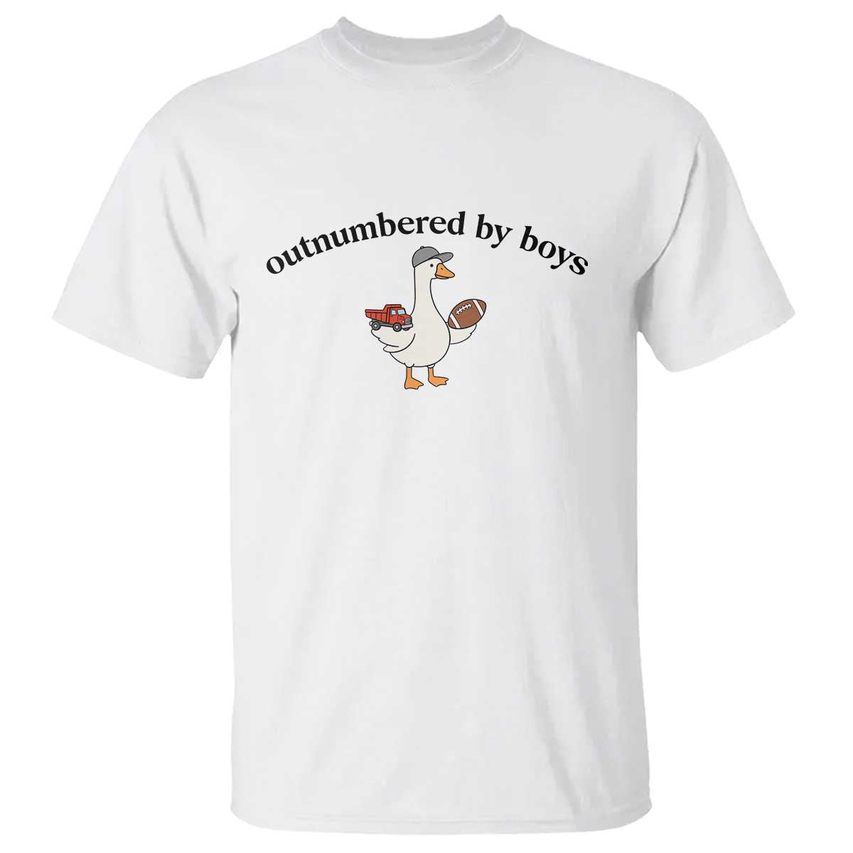 Outnumbered By Boys Cute Goose Sporty Mom T Shirt Football and Truck Motherhood Mothers Day Gag Gift TS02 White Print Your Wear