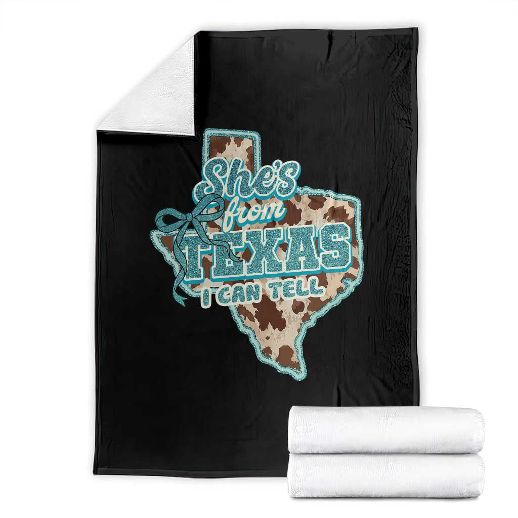 Retro Western She is From Texas I Can Tell Throw Blanket Trendy Turquoise Glitter Coquette and Cow Print Effect Graphic TS02 Black Print Your Wear