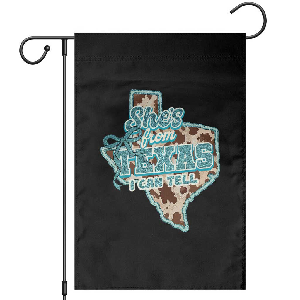 Retro Western She is From Texas I Can Tell Garden Flag Trendy Turquoise Glitter Coquette and Cow Print Effect Graphic TS02 Black Print Your Wear