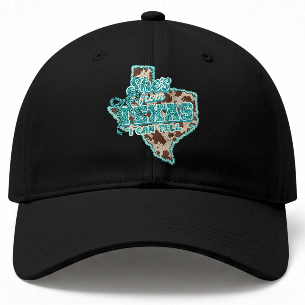 Retro Western She is From Texas I Can Tell Baseball Cap Trendy Turquoise Glitter Coquette and Cow Print Effect Graphic TS02 Print Your Wear