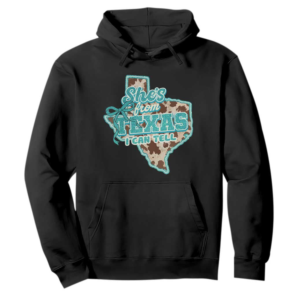 Retro Western She is From Texas I Can Tell Hoodie Trendy Turquoise Glitter Coquette and Cow Print Effect Graphic TS02 Black Print Your Wear