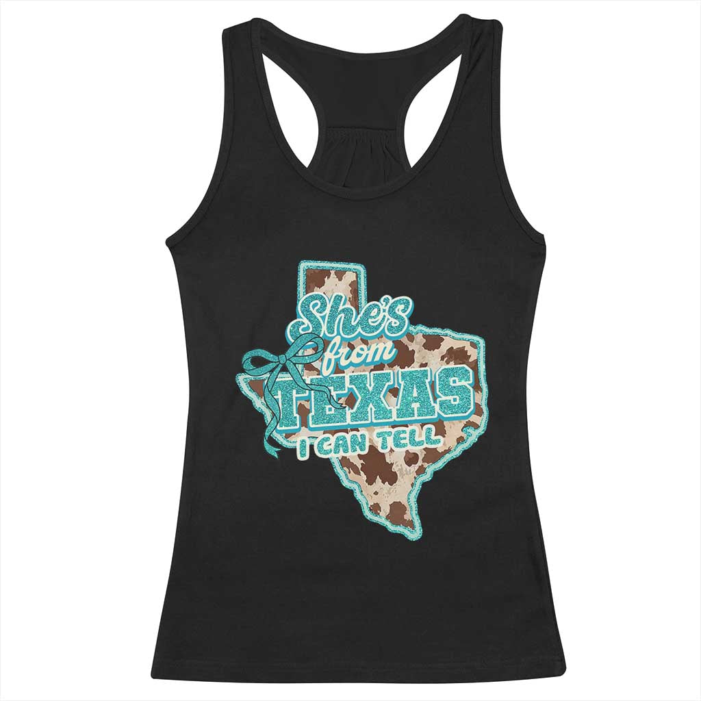 Retro Western She is From Texas I Can Tell Racerback Tank Top Trendy Turquoise Glitter Coquette and Cow Print Effect Graphic TS02 Black Print Your Wear