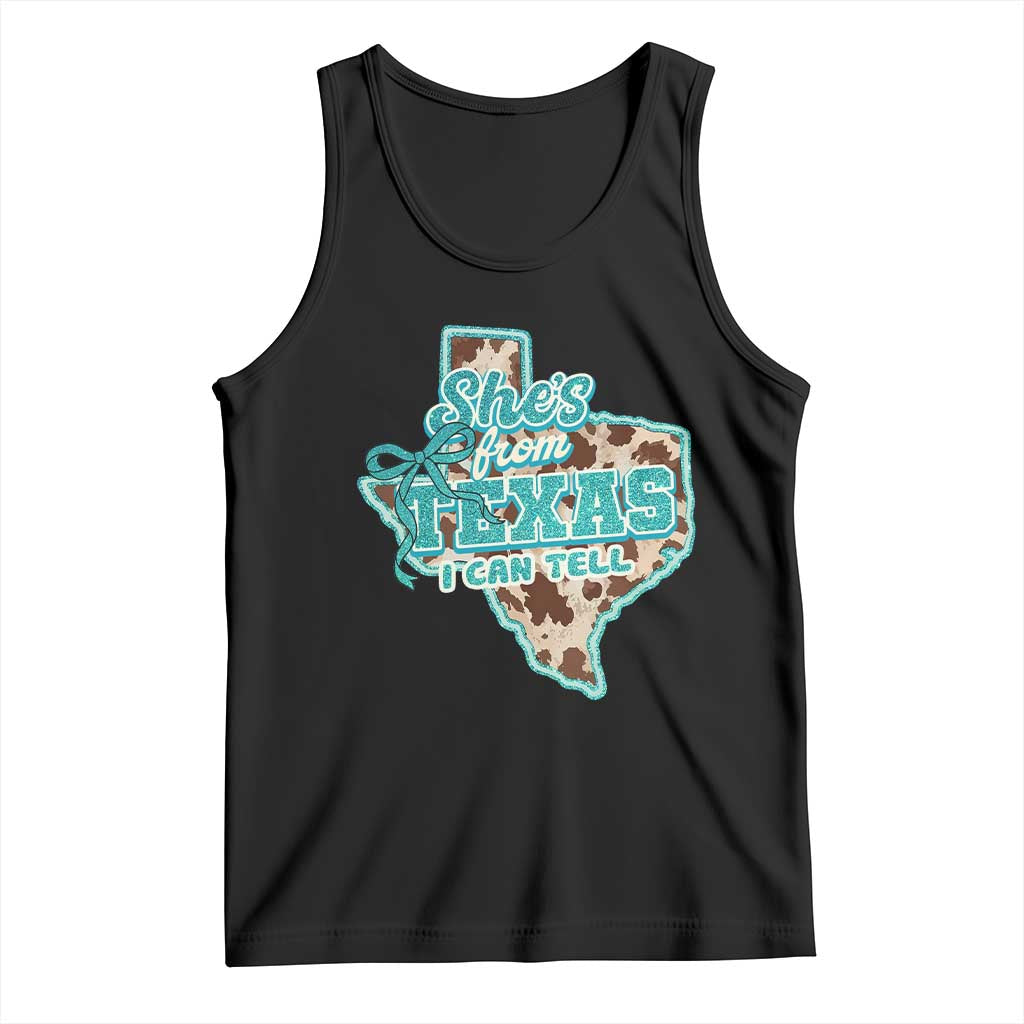 Retro Western She is From Texas I Can Tell Tank Top Trendy Turquoise Glitter Coquette and Cow Print Effect Graphic TS02 Black Print Your Wear