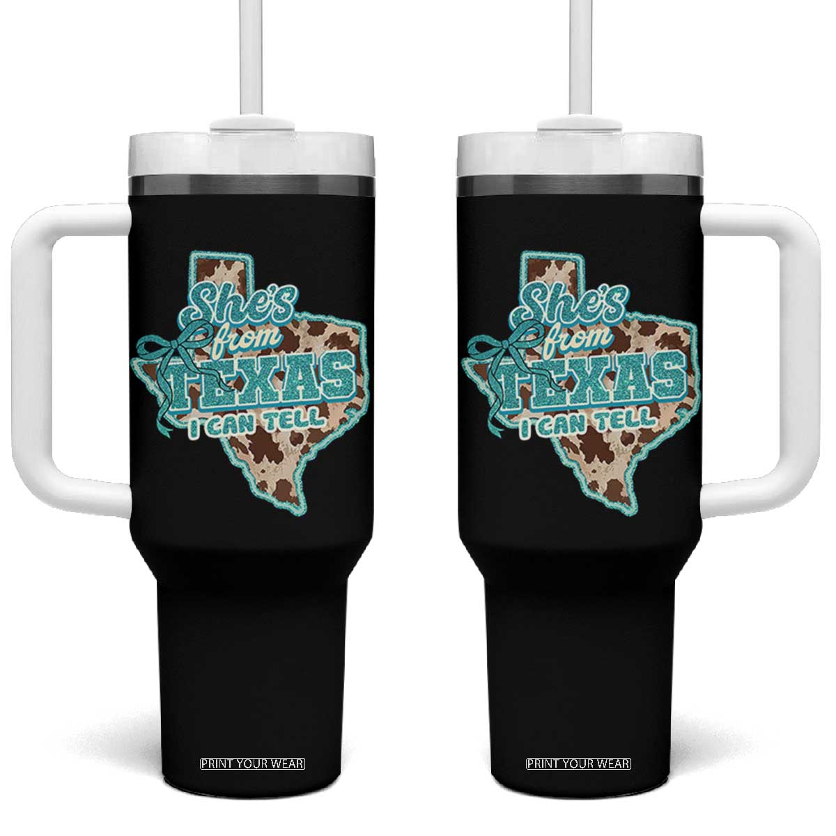 Retro Western She is From Texas I Can Tell Tumbler With Handle Trendy Turquoise Glitter Coquette and Cow Print Effect Graphic TS02 One Size: 40 oz Black Print Your Wear