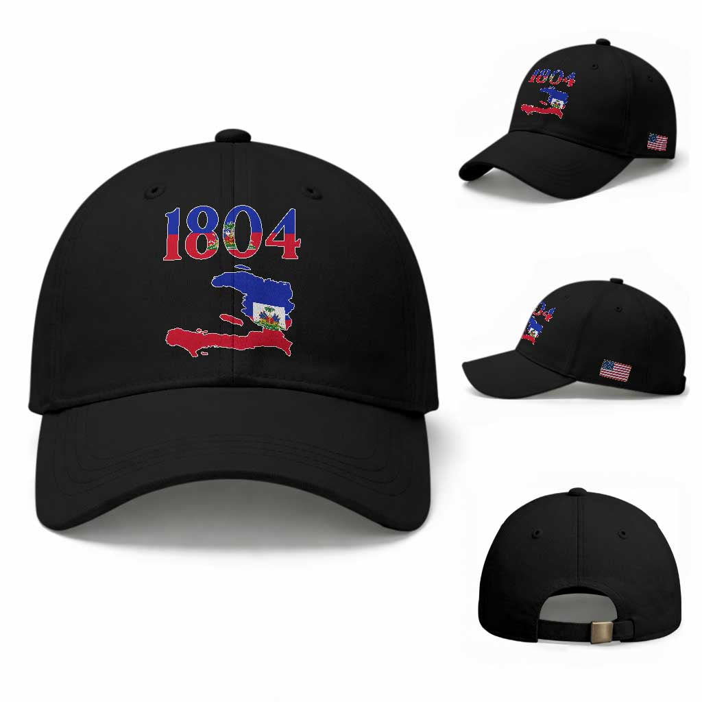 1804 Haiti Map and Flag Baseball Cap Haitian Heritage Pride Graphic TS02 Baseball Cap Universal Fit Black Print Your Wear