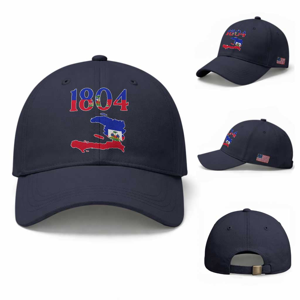 1804 Haiti Map and Flag Baseball Cap Haitian Heritage Pride Graphic TS02 Baseball Cap Universal Fit Navy Print Your Wear