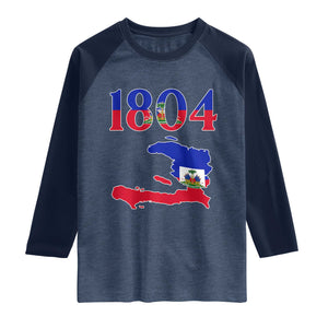 1804 Haiti Map and Flag Raglan Shirt Haitian Heritage Pride Graphic TS02 Heather Denim Navy Print Your Wear