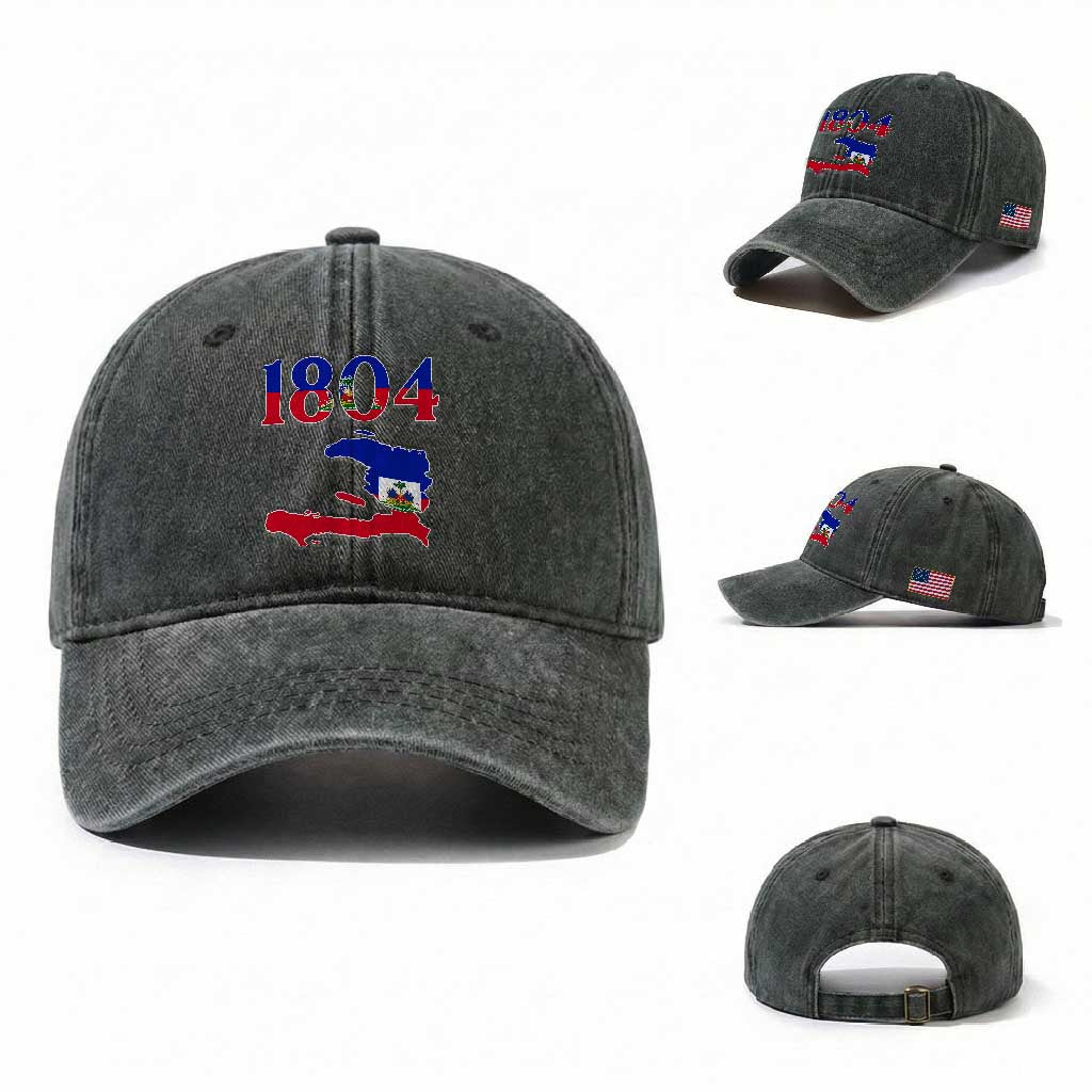 1804 Haiti Map and Flag Washed Cotton Baseball Cap Haitian Heritage Pride Graphic TS02 Washed Cap Universal Fit Dark Green Print Your Wear