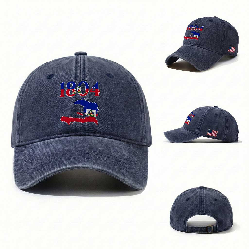 1804 Haiti Map and Flag Washed Cotton Baseball Cap Haitian Heritage Pride Graphic TS02 Washed Cap Universal Fit Navy Print Your Wear