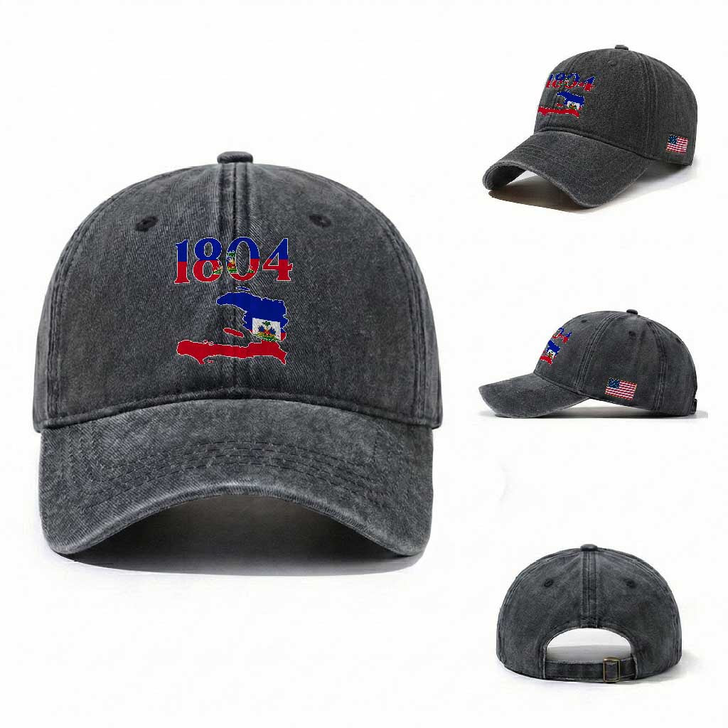 1804 Haiti Map and Flag Washed Cotton Baseball Cap Haitian Heritage Pride Graphic TS02 Washed Cap Universal Fit Dark Gray Print Your Wear