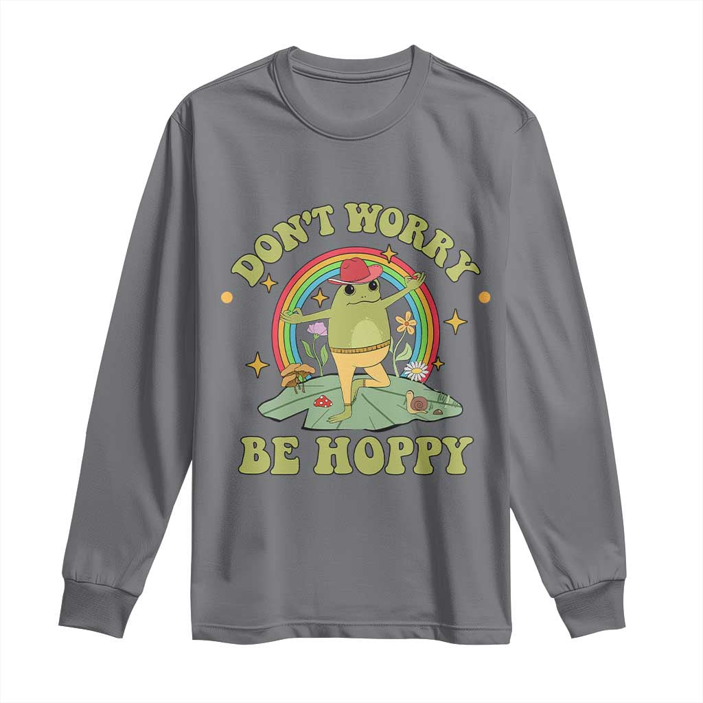 Cottagecore Aesthetic Frog Long Sleeve Shirt Don't Worry Be Hoppy Meditating TS02 Charcoal Print Your Wear