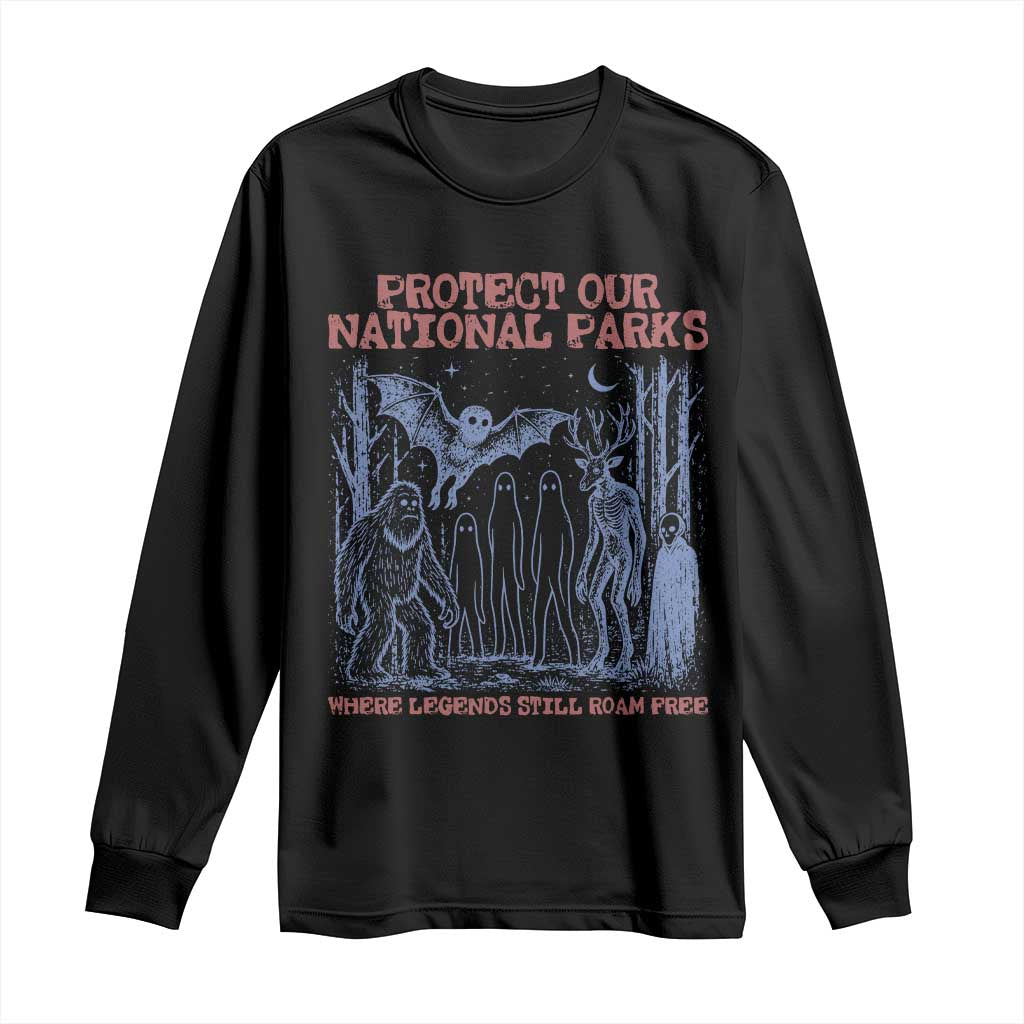 Protect Our National Parks Funny Cryptid Society Vintage Graphic Long Sleeve Shirt Bigfoot Mothman Wendigo Where Legends Still Roam Free TS02 Black Print Your Wear