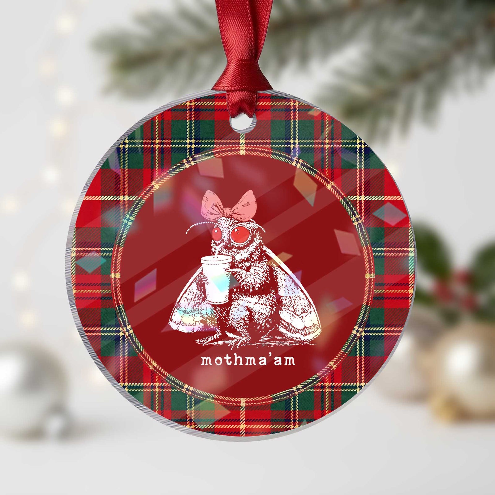 Mothma'am Pink Bow Cryptid Spooky Holographic Acrylic Ornament Funny Cute Coquette Mothman Legend Graphic