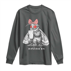 Mothma'am Pink Bow Cryptid Spooky Long Sleeve Shirt Funny Cute Coquette Mothman Legend Graphic TS02 Dark Heather Print Your Wear