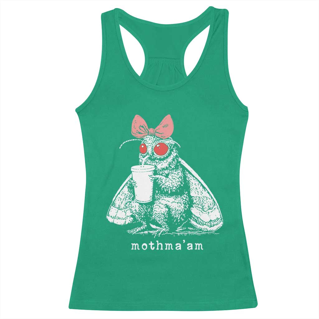 Mothma'am Pink Bow Cryptid Spooky Racerback Tank Top Funny Cute Coquette Mothman Legend Graphic TS02 Irish Green Print Your Wear