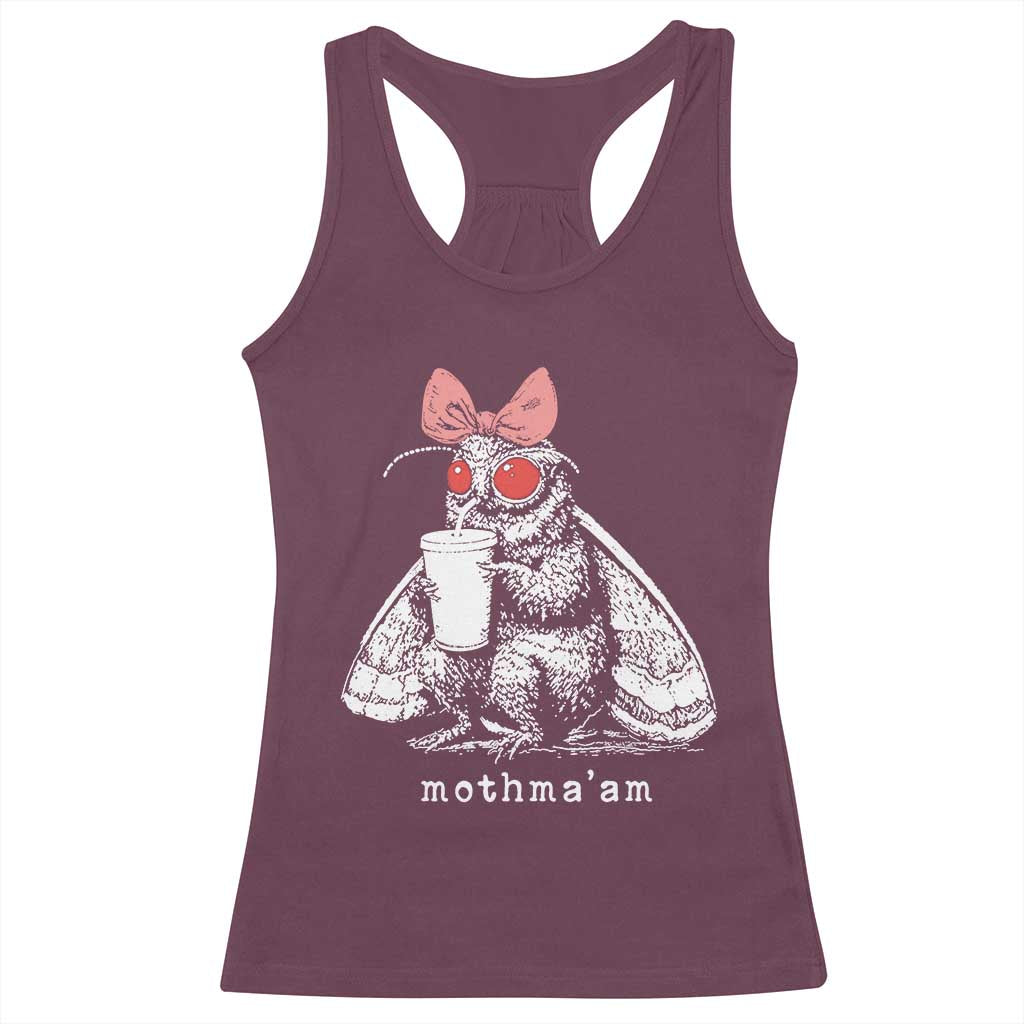 Mothma'am Pink Bow Cryptid Spooky Racerback Tank Top Funny Cute Coquette Mothman Legend Graphic TS02 Maroon Print Your Wear