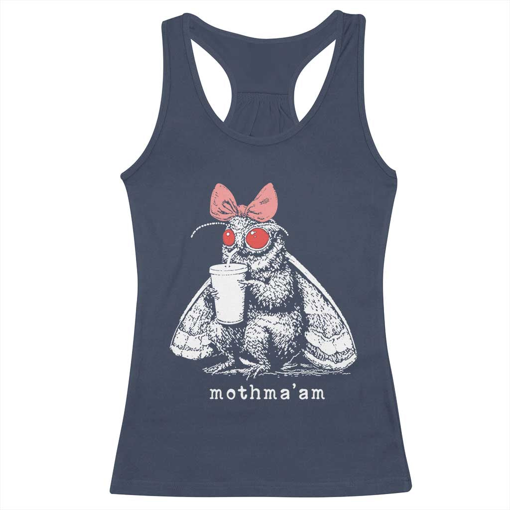 Mothma'am Pink Bow Cryptid Spooky Racerback Tank Top Funny Cute Coquette Mothman Legend Graphic TS02 Navy Print Your Wear
