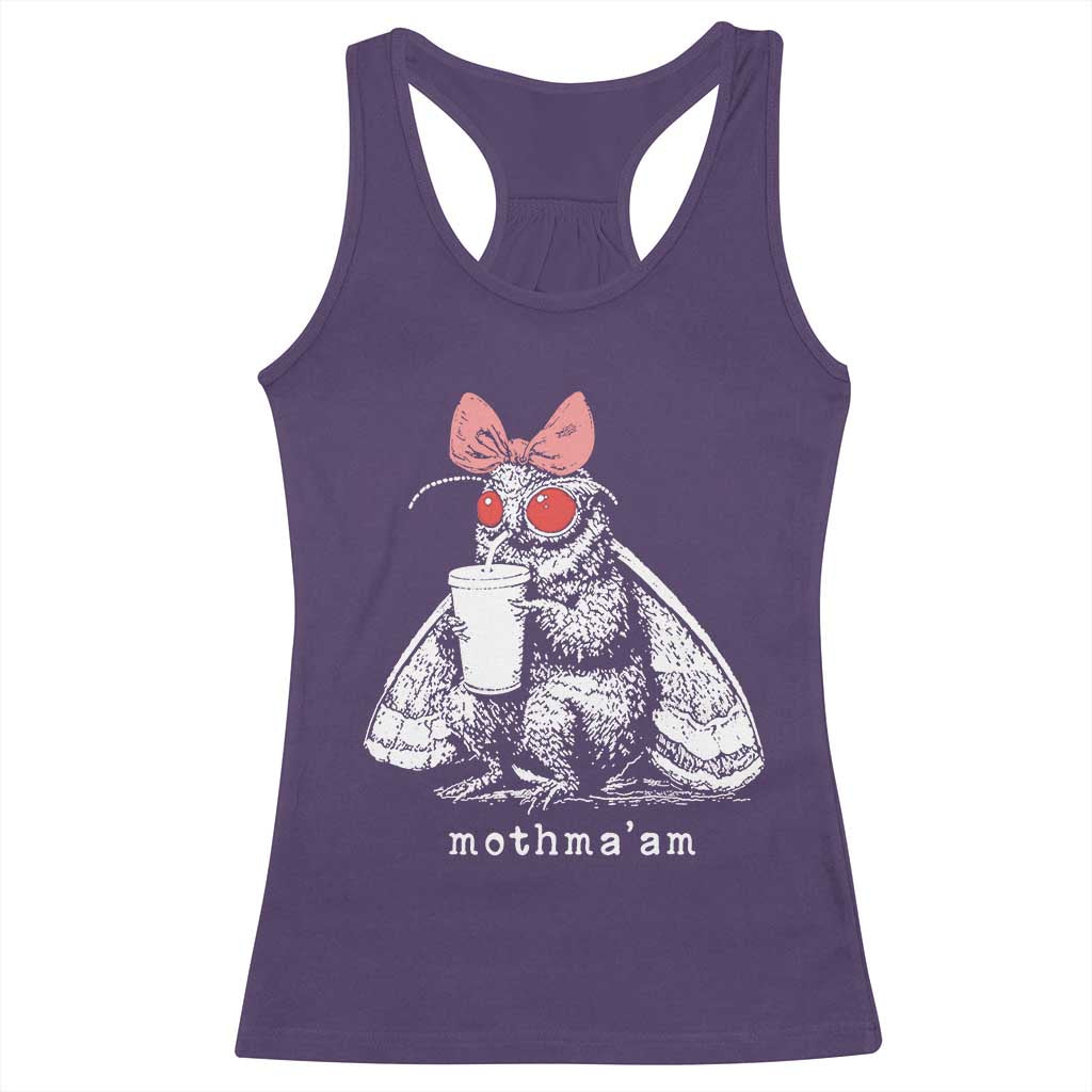 Mothma'am Pink Bow Cryptid Spooky Racerback Tank Top Funny Cute Coquette Mothman Legend Graphic TS02 Purple Print Your Wear