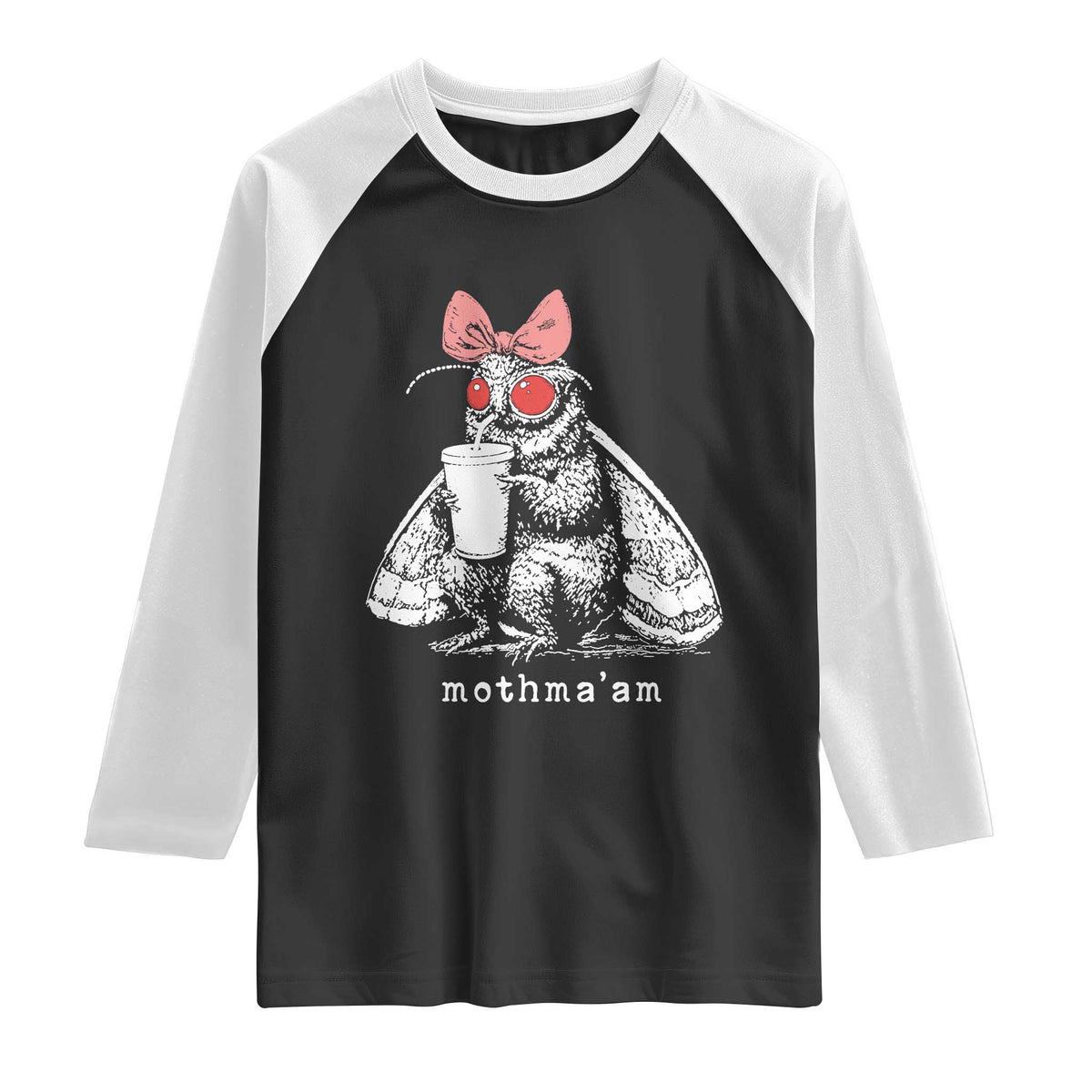 Mothma'am Pink Bow Cryptid Spooky Raglan Shirt Funny Cute Coquette Mothman Legend Graphic TS02 Black White Print Your Wear